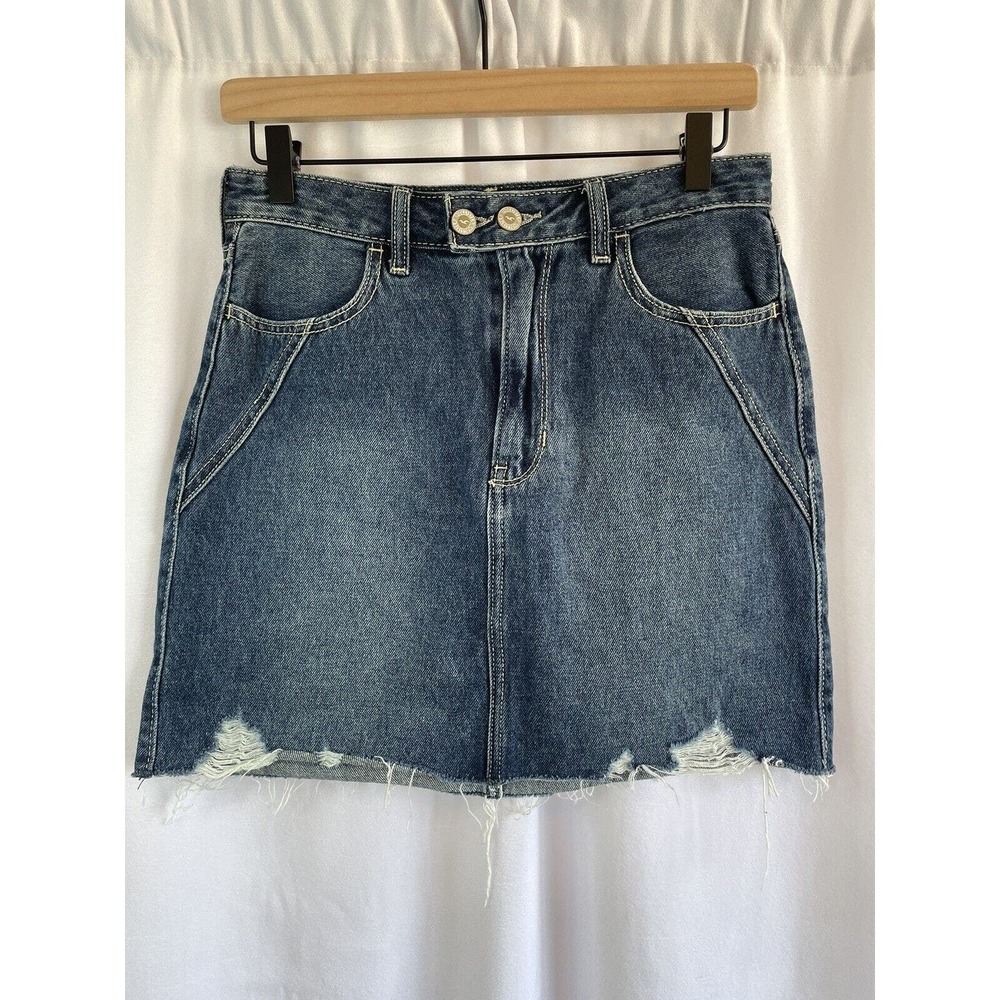 Hollister Womens Size 5 Ultra High Rise Blue Denim Jean Raw Hem Mini Skirt